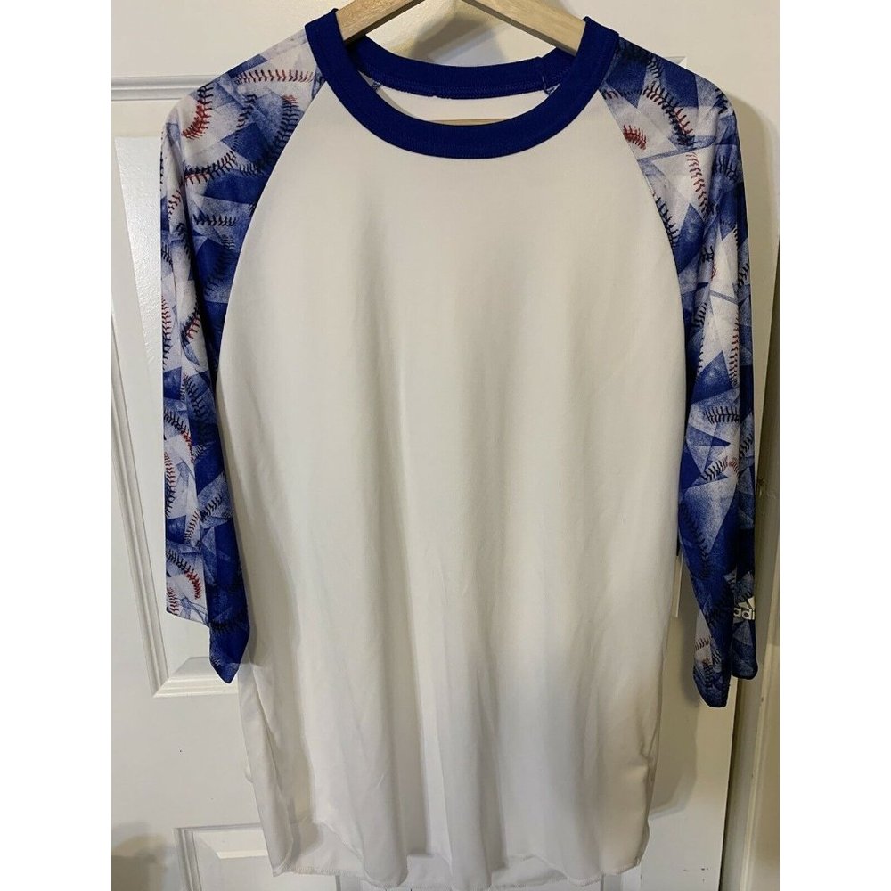 Adidas Men’s Sz Size M White Blue Baseball Shirt‎ Polyester 3/4 Sleeves